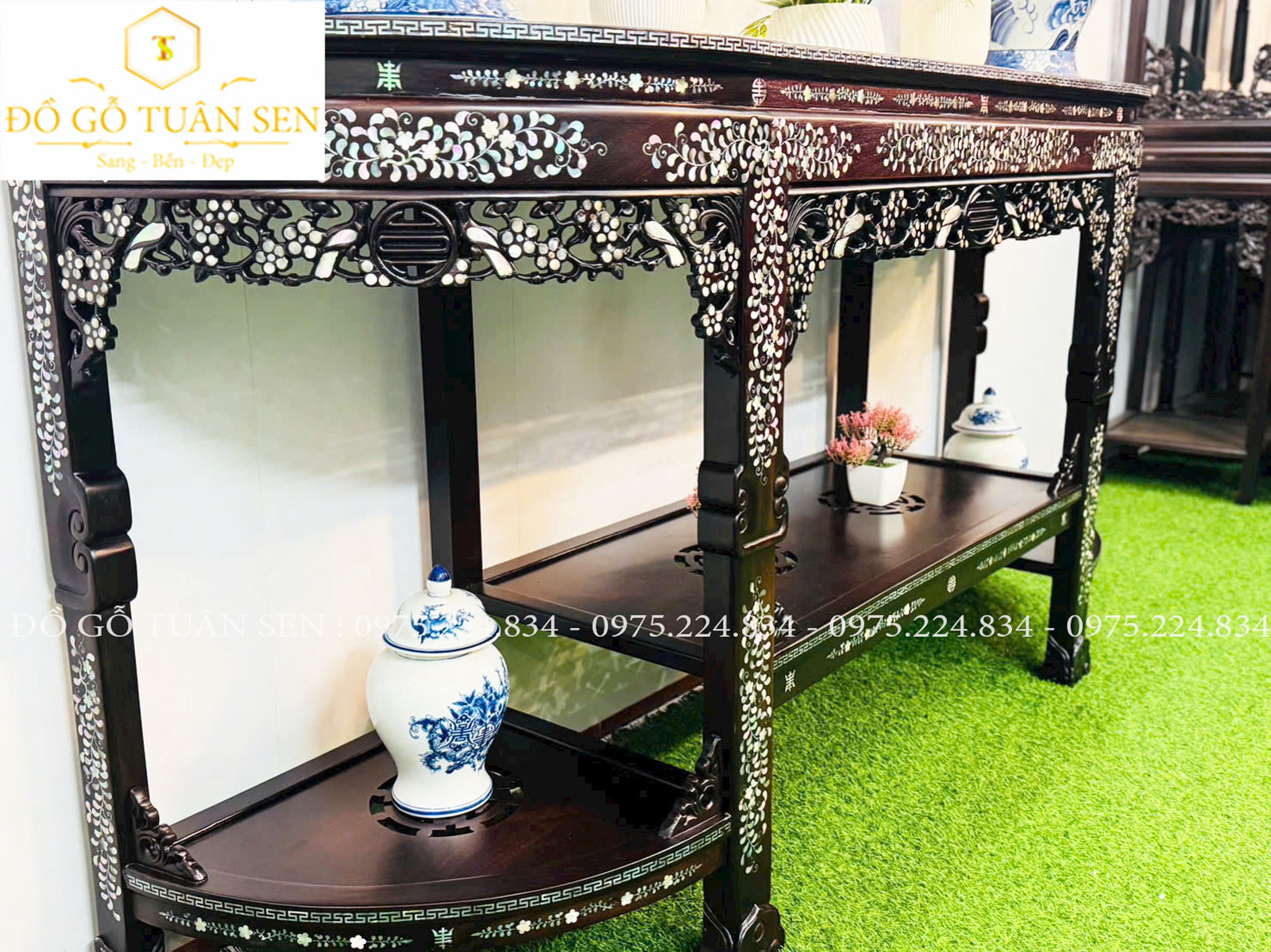 Hình ảnh kích thước chi tiết bàn bán nguyệt gỗ gụ 
